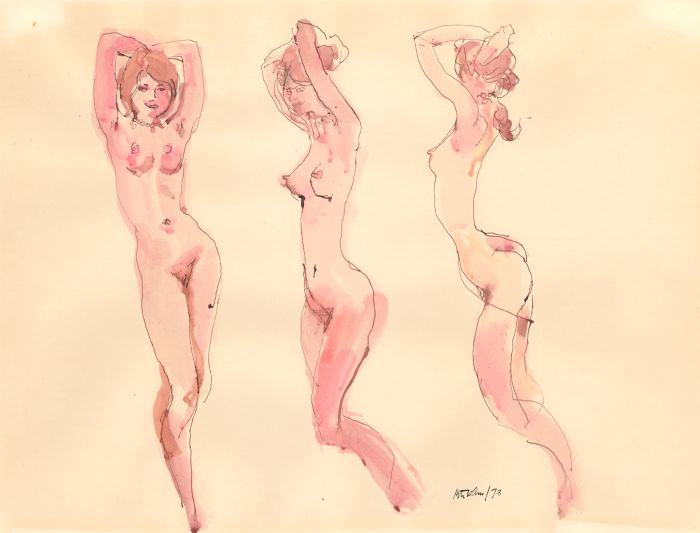 Peter Collins ARCA - A Set of 4 c.1970s Pen and Ink Drawings, Group Nude Studies