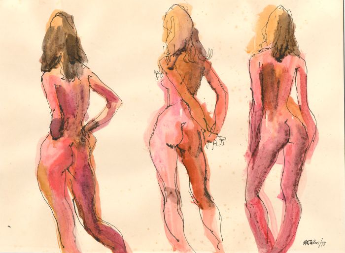 Peter Collins ARCA - A Set of 3 1973 Pen and Ink Drawings, Group Nude Studies