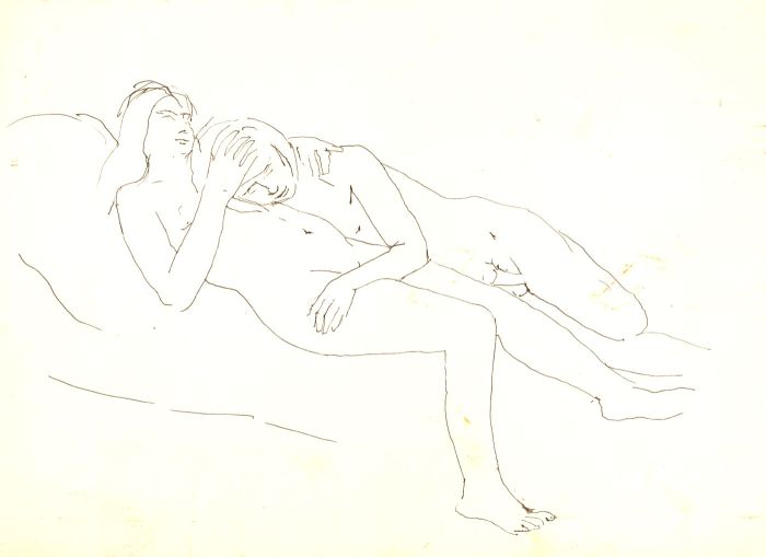 Barbara Dorf - Mid 20th Century Pen and Ink Drawing, Nude Couple Reclining