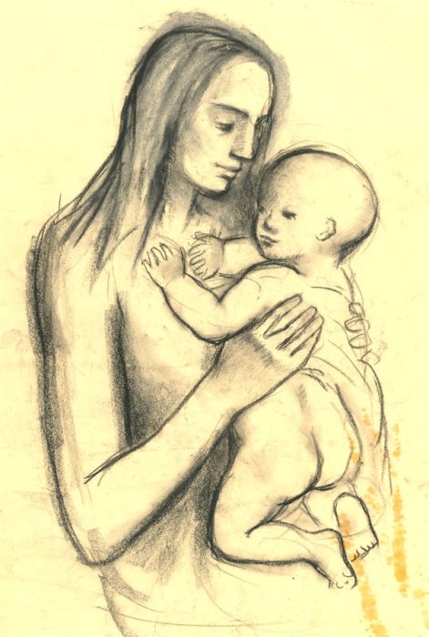 Barbara Dorf - Mid 20th Century Charcoal Drawing, Woman Holding a Child