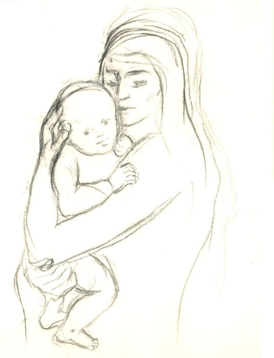 Barbara Dorf - Pair of Mid 20th Century Charcoal Drawing, Woman and Child