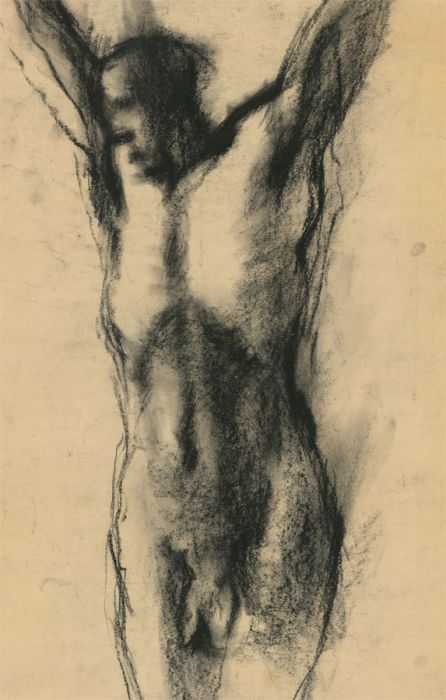 Barbara Dorf - Mid 20th Century Charcoal Drawing, Male Nude With Elevated Arms