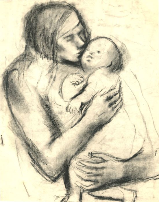 Barbara Dorf - Mid 20th Century Charcoal Drawing, Mother Holding a Baby