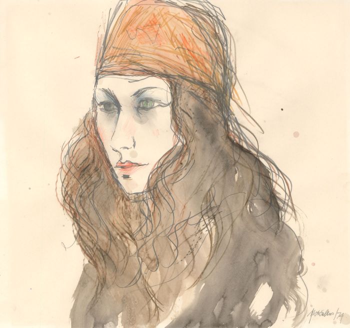 Peter Collins ARCA - 1974 Watercolour, Portrait of a Woman with a Headscarf