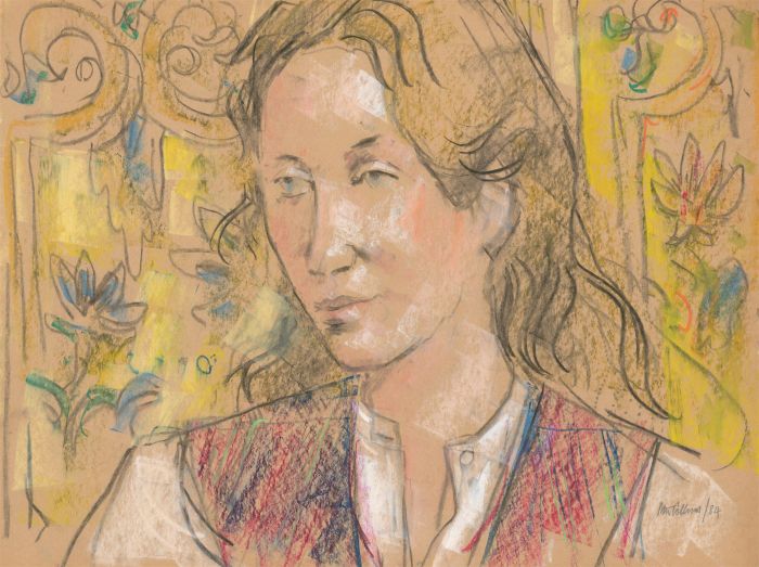 Peter Collins ARCA - Signed 1984 Crayon, Portrait of a Woman in an Interior