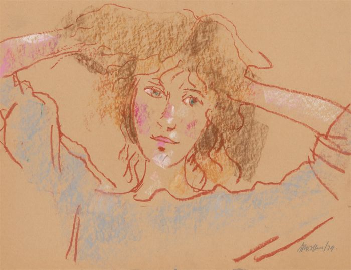 Peter Collins ARCA - Signed 1979 Crayon, Portrait of a Lady in Blue