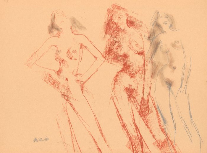 Peter Collins ARCA - Signed 1980 Crayon and Graphite, Three Nudes