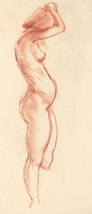 Peter Collins ARCA - c.1970s Sanguine, Female Nude with Hands on Head