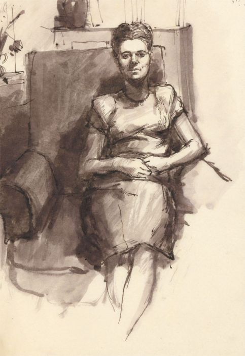 Peter Collins ARCA - c.1970s Pen and Ink Drawing, Seated Woman in an Interior