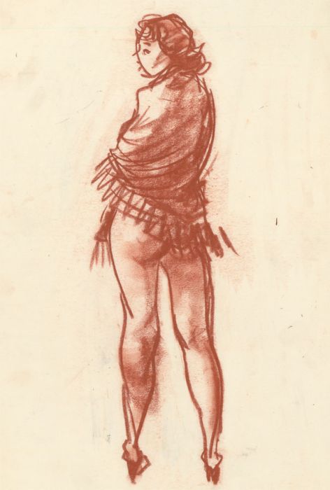 Peter Collins ARCA - c.1970s Sanguine, Full Length Study of Nude in Blanket