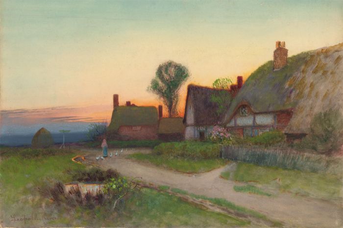 Leopold Rivers (1852-1905) - 19th Century Gouache, View of Cottages at Sunset