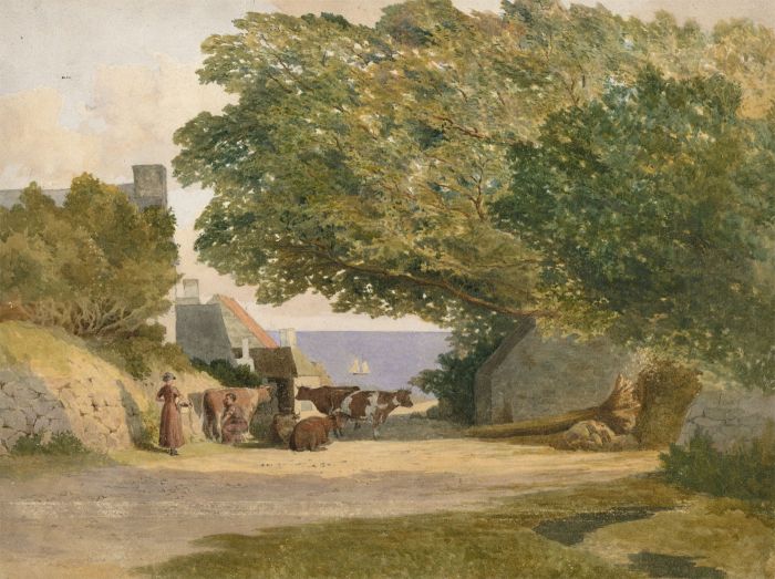 Very Fine 19th Century Watercolour - Farmer Milking Cows in Farmstead