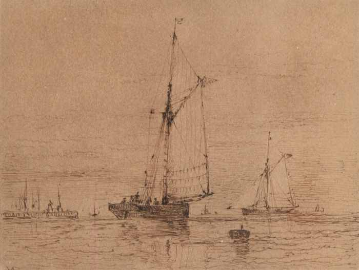Fine 19th Century Pen and Ink Drawing - Ships in a Seascape