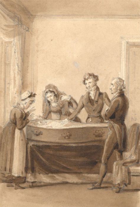 Miniature Sepia 19th Century Watercolour - Mourners Around Open Casket