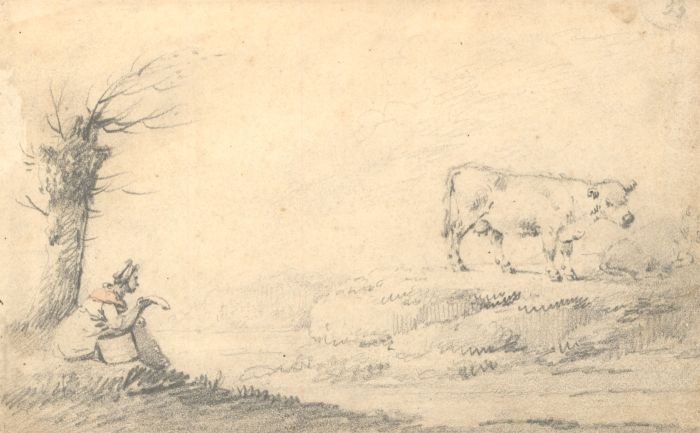 19th Century Graphite Drawing - Rural Scene with Cows and Woman Resting by Tree