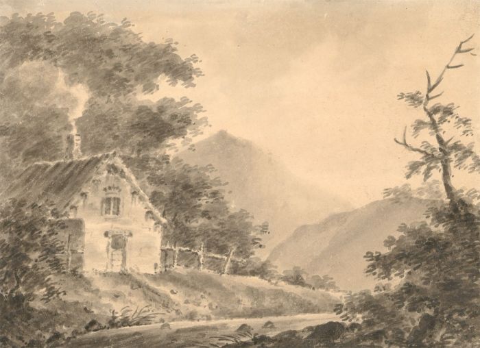 Monochrome 19th Century Watercolour - Cottage in a Landscape