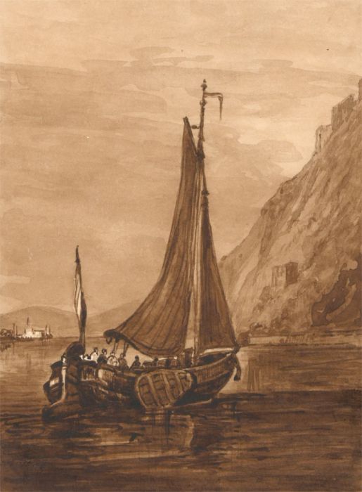 Monochrome 19th Century Watercolour - Sailboat off the Coast