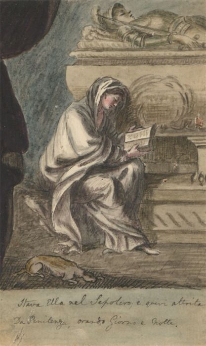 Italian School 19th Century Watercolour - Woman Praying by an Effigy