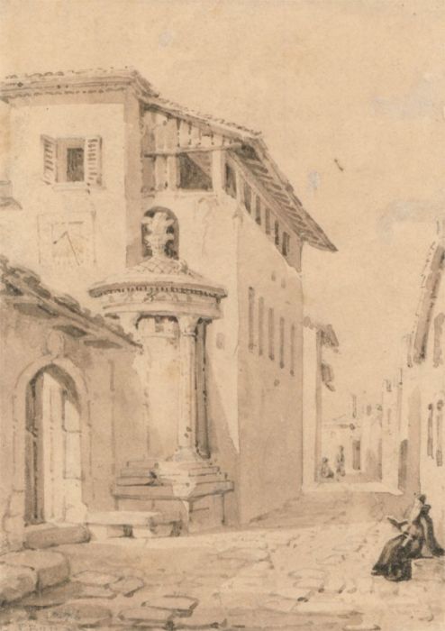 Fine Miniature 19th Century Watercolour - Woman Sitting in an Italian Street