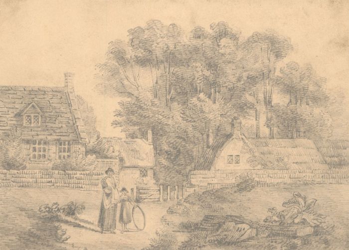 19th Century Graphite Drawing - Mother and Child with Hoop Outside Cottages