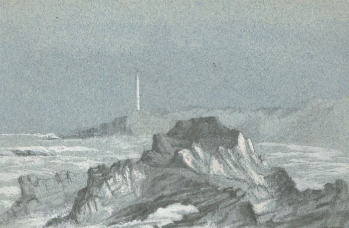 Set of Two 19th Century Graphite Drawings - Rocky Seascape and Church Ruin