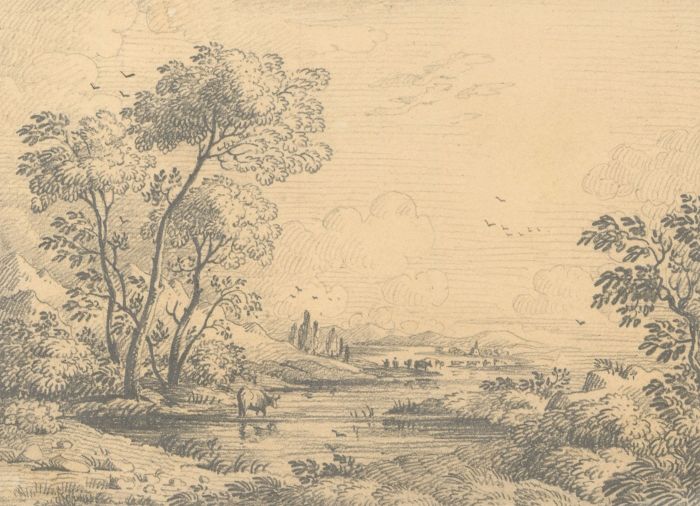 Set of Three Miniature 19th Century Graphite Drawings - Idyllic Landscapes