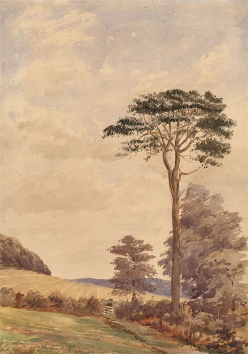 19th Century Watercolour - Landscape with Figure Behind Gate