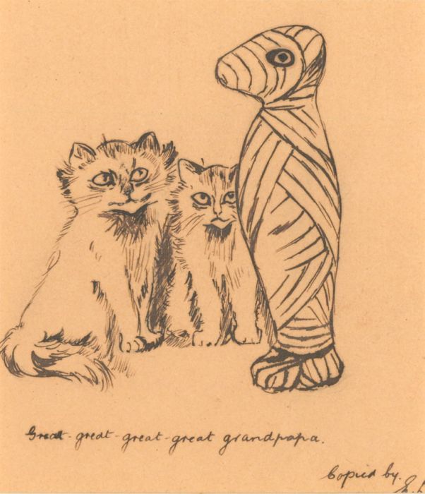 E.D - Signed 1906 Pen and Ink Drawing, Kittens and Egyptian Cat Mummy