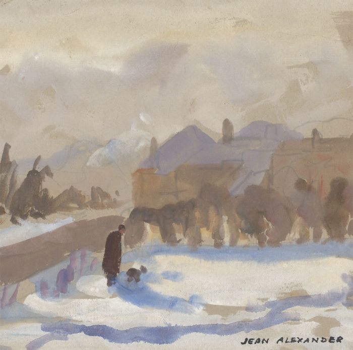 Jean Dryden Alexander (1911-1994) - Signed Watercolour, Figure and Dog in Snow