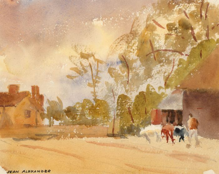 Jean Dryden Alexander (1911-1994) - Signed Watercolour, Cattle in a Village