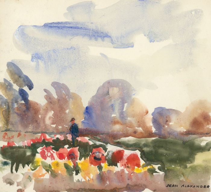Jean Dryden Alexander (1911-1994) - Signed Watercolour, Poppy Field and Figure