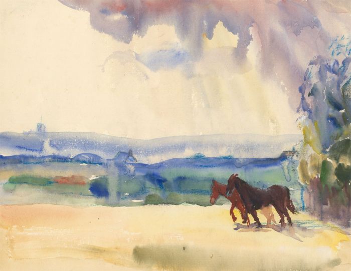 Jean Dryden Alexander (1911-1994) -Watercolour, Horses in a Landscape