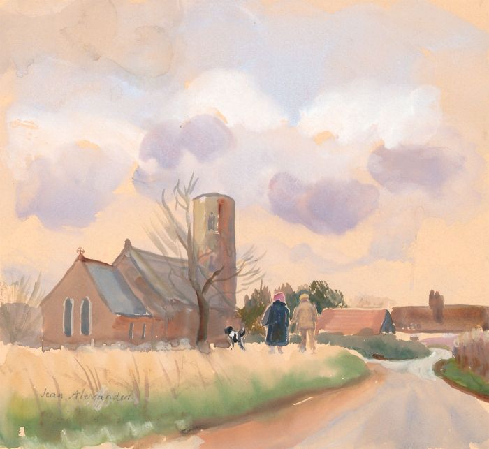 Jean Dryden Alexander (1911-1994) - 1983 Watercolour, Church and Figures