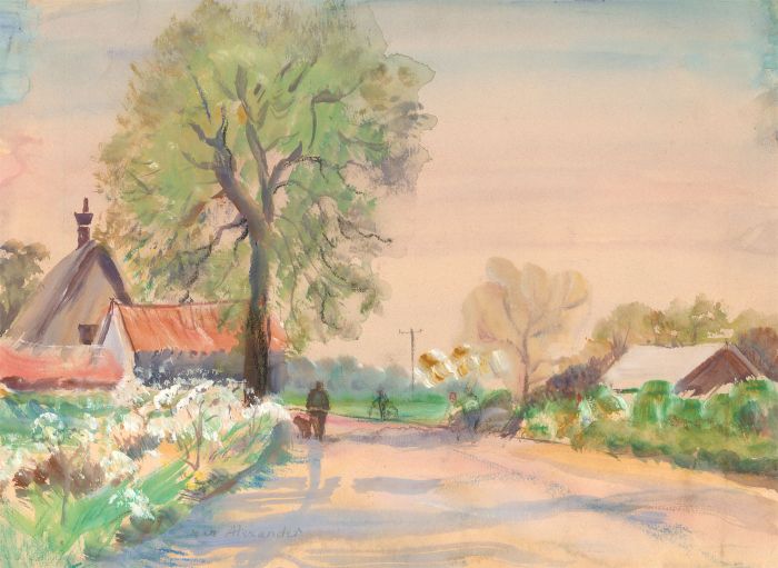 Jean Dryden Alexander (1911-1994) - 1976 Watercolour, Country Lane with Figures