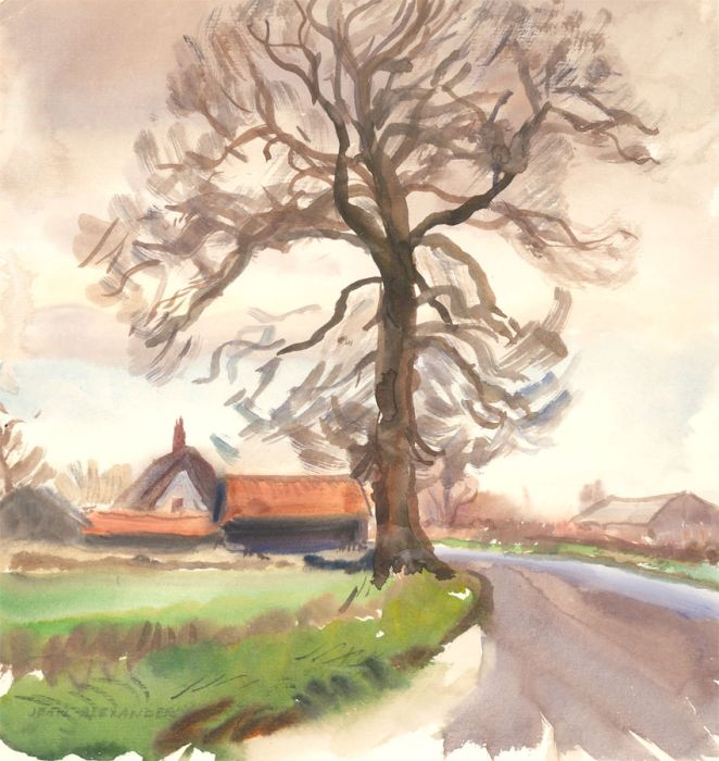 Jean Dryden Alexander (1911-1994) - 1982 Watercolour, Farm and Winter Tree