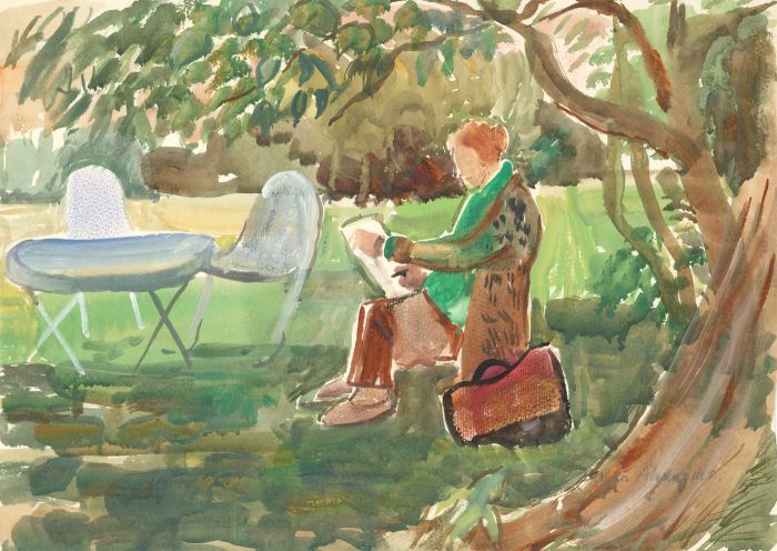 Jean Dryden Alexander (1911-1994) - Signed 1993 Gouache, Artist in Garden
