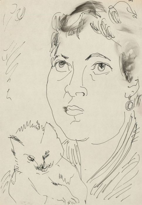 Glyn Morgan (1926-2015) - Pen and Ink Drawing, Portrait of a Lady with Cat