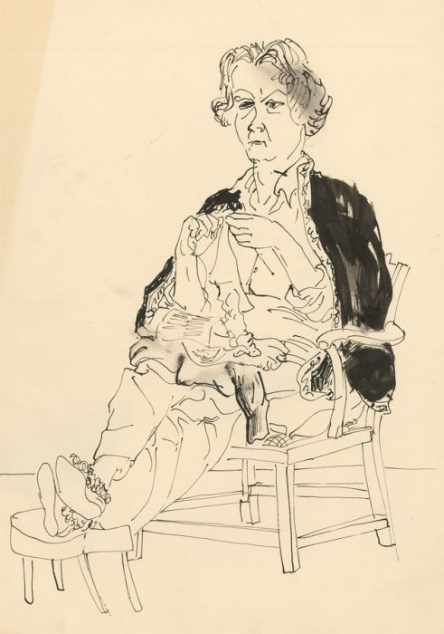 Glyn Morgan (1926-2015) - Pen and Ink Drawing, Portrait of a Lady Knitting