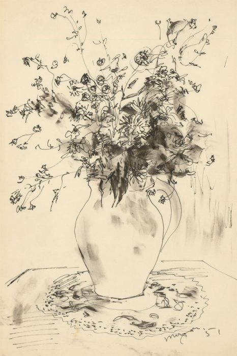 Glyn Morgan (1926-2015) - Signed 1952 Pen and Ink Drawing, Still Life of Flowers