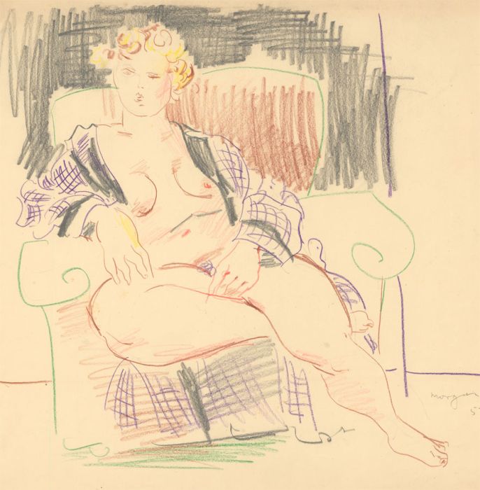 Glyn Morgan (1926-2015) - Signed 1957 Coloured Pencil, Nude in an Armchair