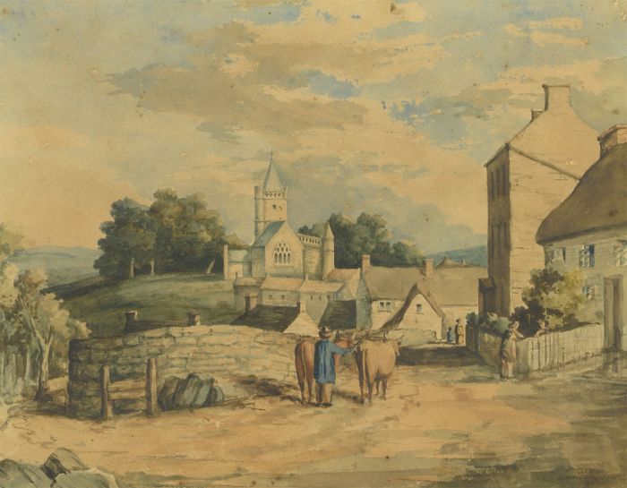 English School 19th Century Watercolour - Town Scene with Cattle Herder