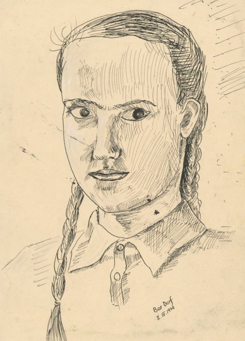 Barbara Dorf - Signed 1948 Pen and Ink Drawing, Portrait of a Girl