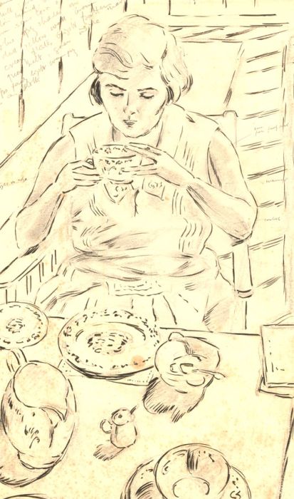 Maurice Feild (1905-1988) - Pen and Ink Drawing, Lady Seated in a Coffee Shop
