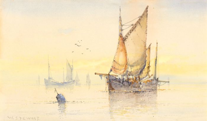 W. Stewart - Signed Watercolour, Fishing Smacks at Anchor