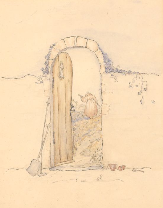 Mid 20th Century Pen and Ink Drawing - Walled Garden with Monk