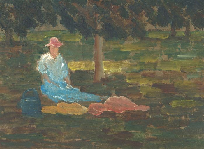 Impressionist Style Mid 20th Century Oil - Lady Picnicking in a Park