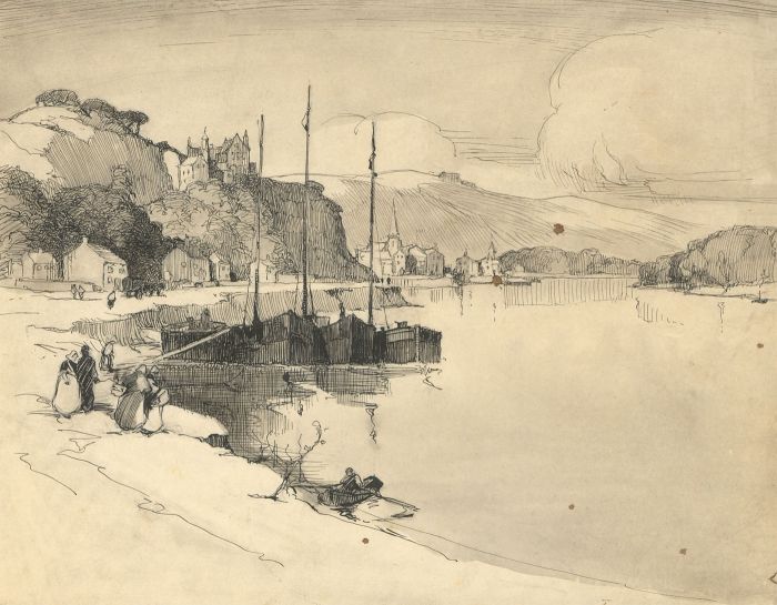 Fine Mid 20th Century Pen and Ink Drawing - Alpine Lake with Figures