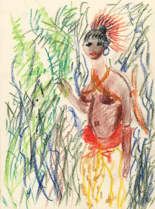 François Albegnac - Vibrant 20th Century Crayon, African Tribe Woman