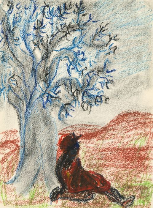 François Albegnac - Vibrant 20th Century Crayon, African Landscape with Figure