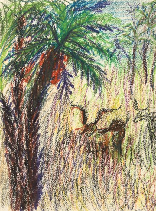 François Albegnac - Vibrant 20th Century Crayon, Antelope in African Landscape